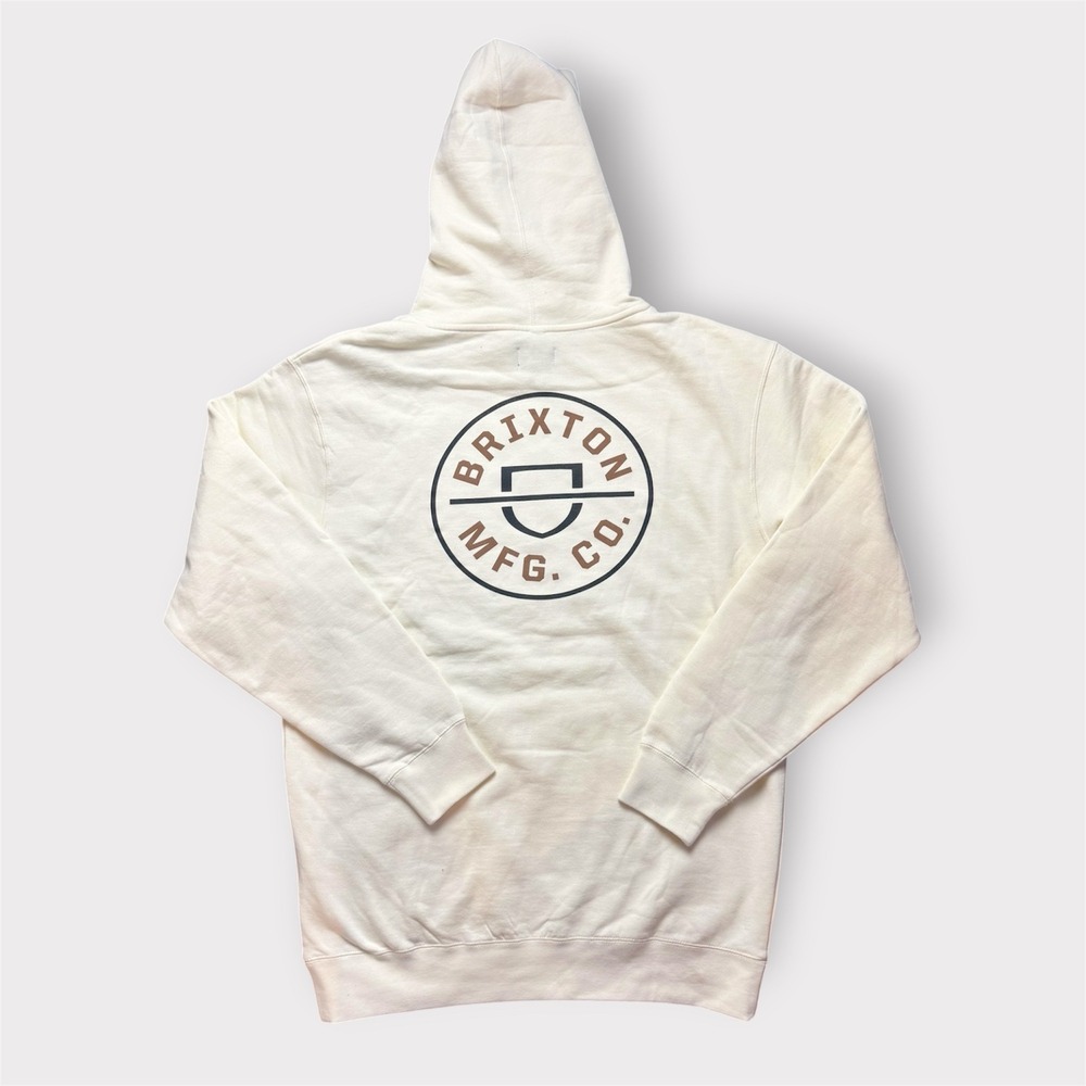 Brixton Mfg Co Cream Graphic Hoodie Mens Large Off White Shield Logo Sweatshirt